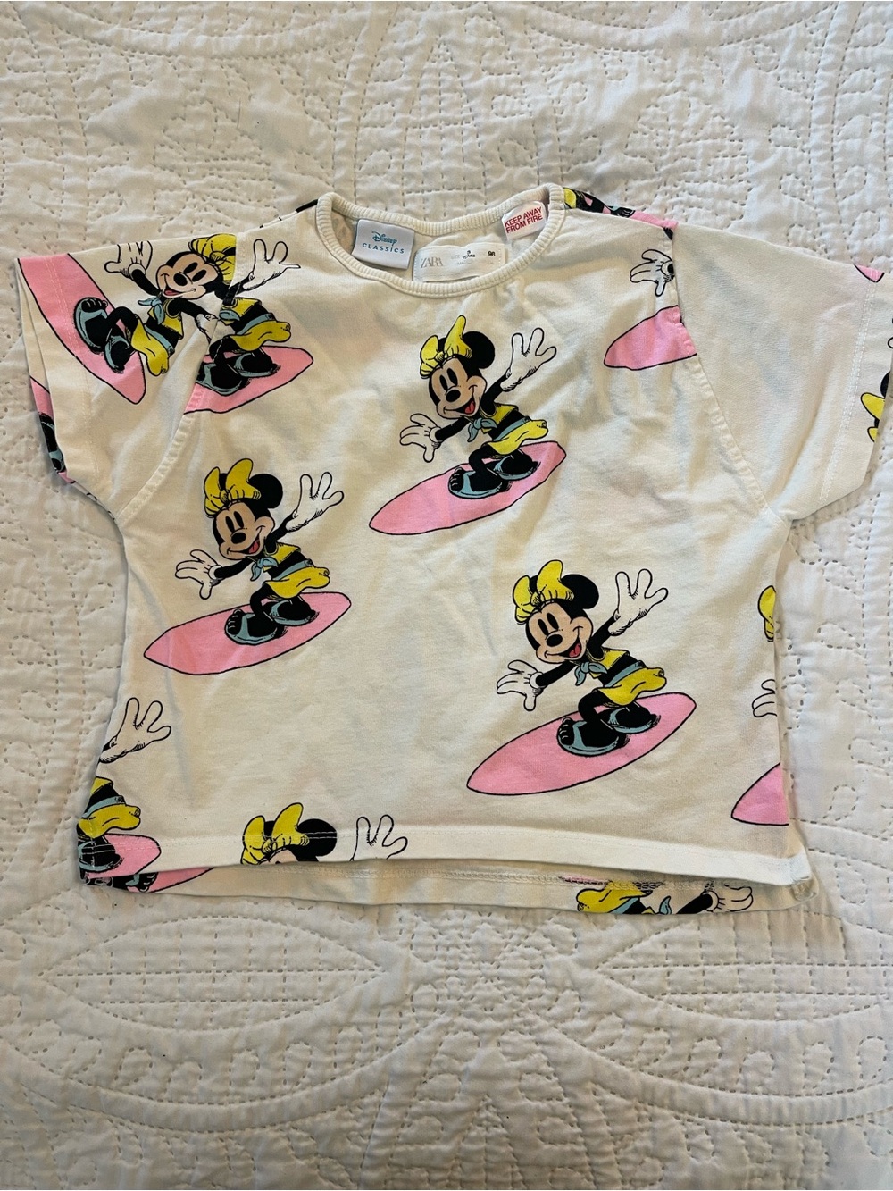 Zara White Tee with Pink Surfboard Minnie Print